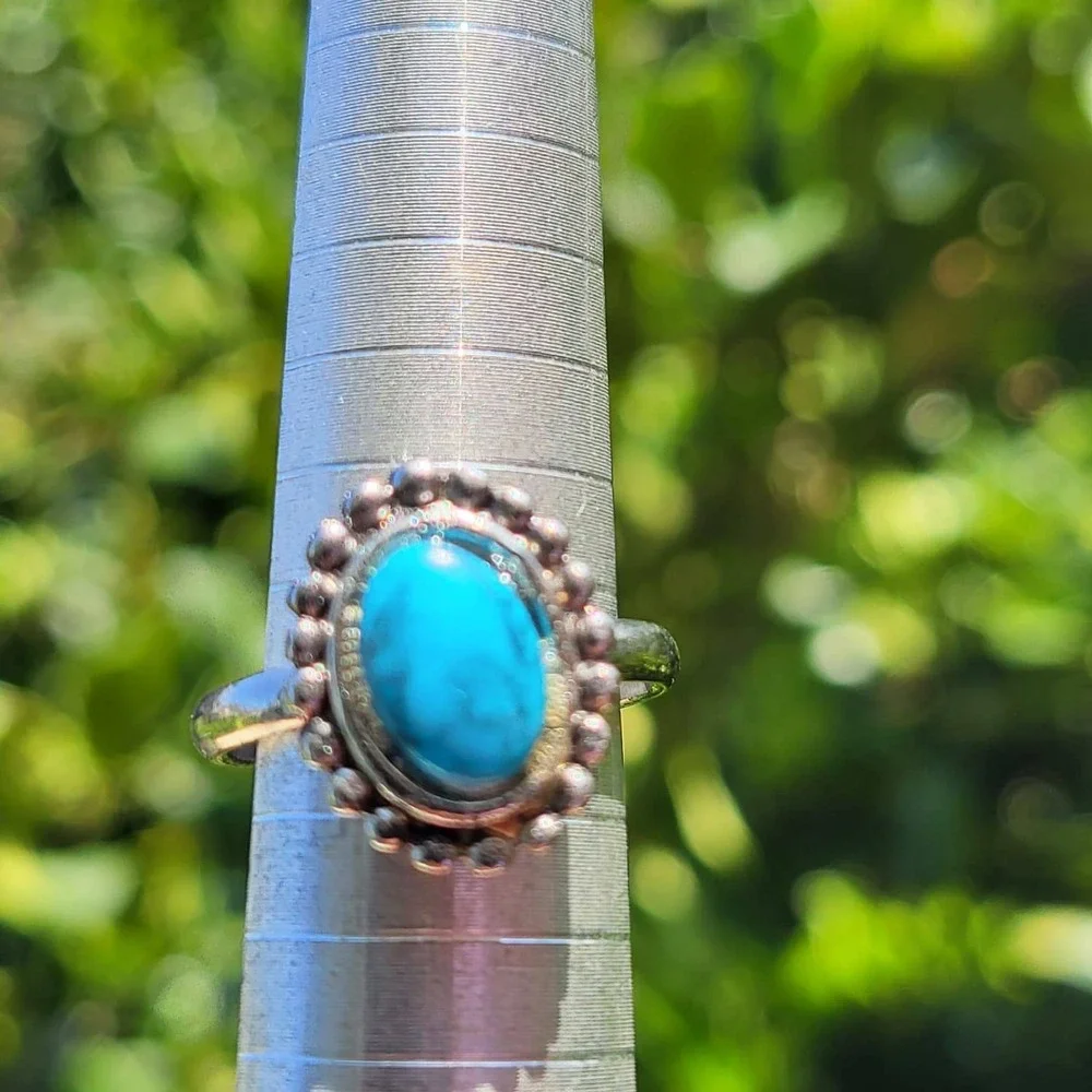 Vintage Silver Tone Faux Turquoise Ring Size 6.25 Blue Beaded Oval Cabochon Boho